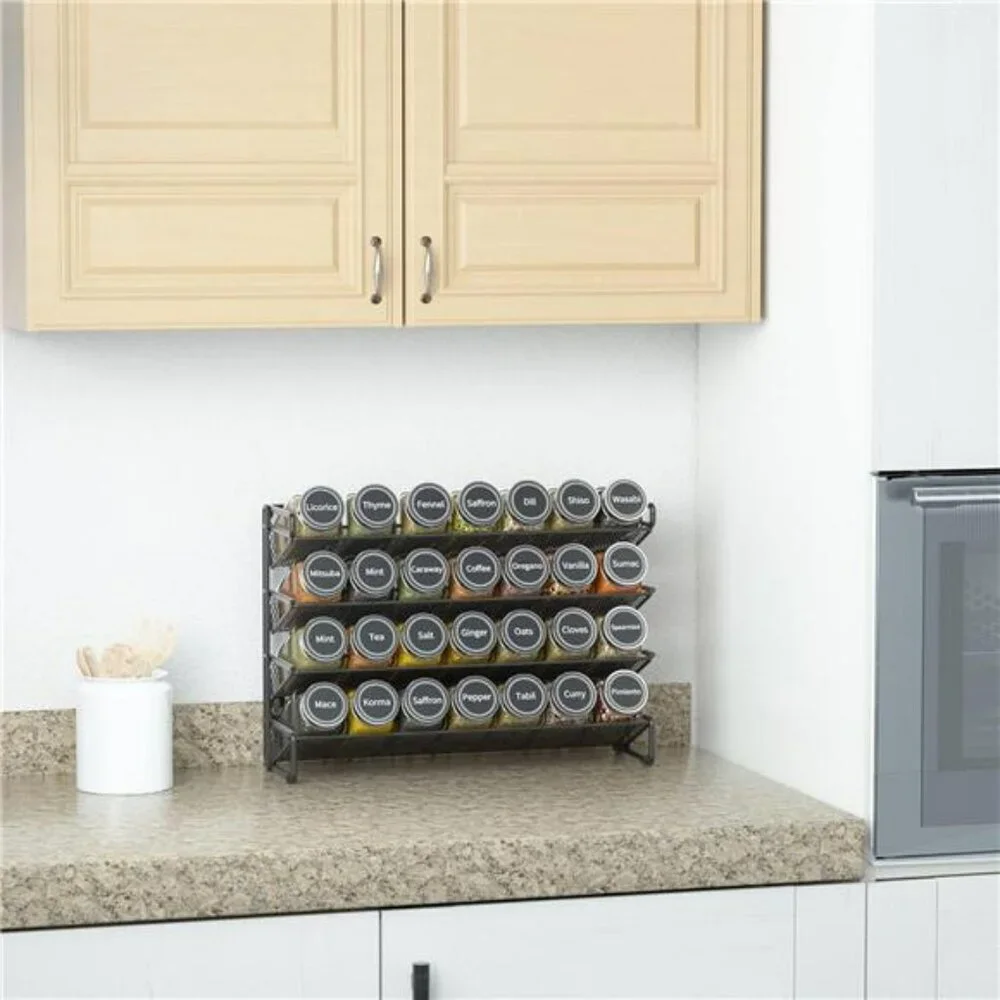 4 tier spice rack with 28 glass jars labels funnel kitchen cabinet pantry storag